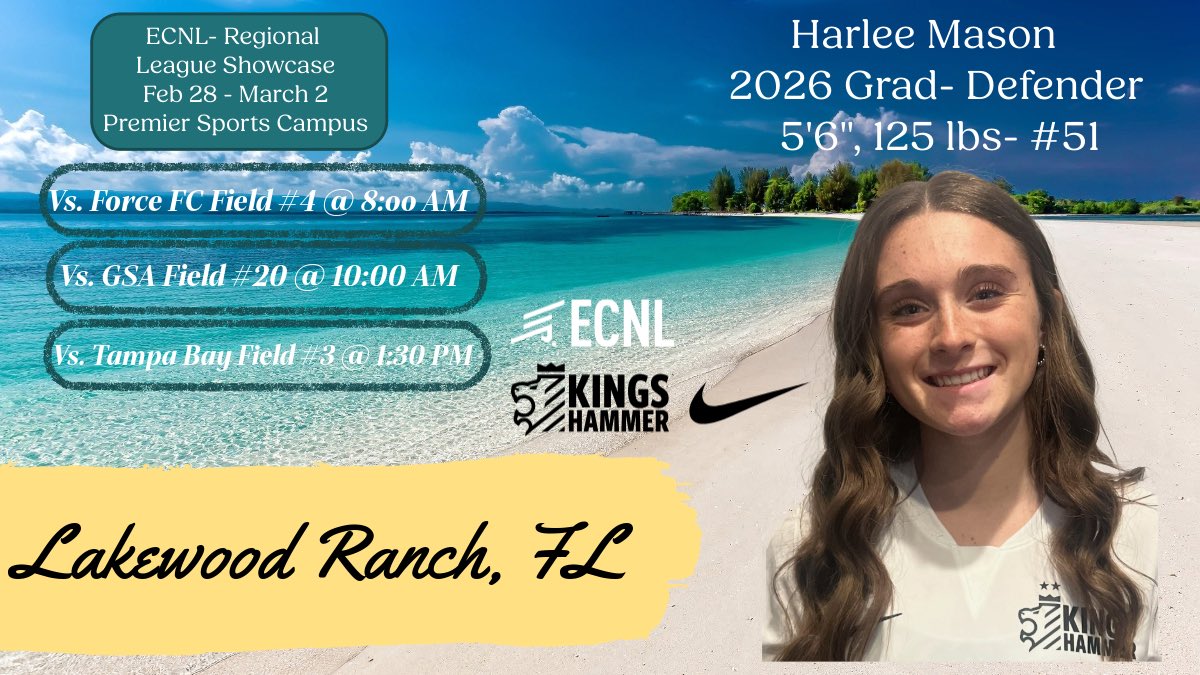 Less than a week away! Come watch me in action at the ECNL Regionals Showcase in Lakewood Ranch, Florida! Can’t wait to meet any coaches the come out and catch a game. <a href="/ImYouthSoccer/">ECNL/GA/Recruiting/College Soccer</a> <a href="/ECNLgirls/">ECNL Girls</a> @kingshammer <a href="/ECNLOhioValley/">ECNL Ohio Valley Conference</a>