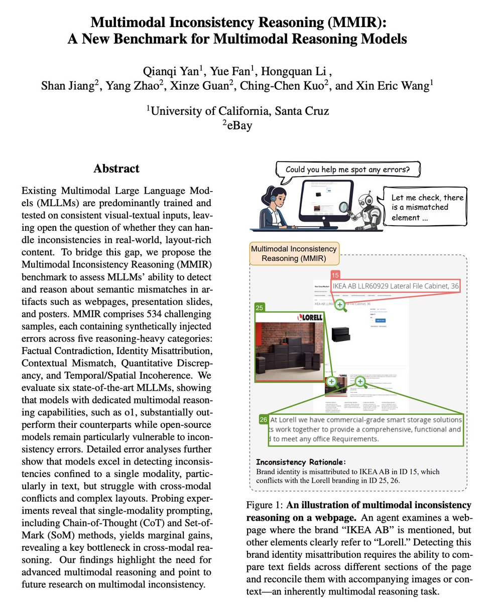 New Paper Alert: Multimodal Inconsistency Reasoning (MMIR)! ✨

Ever visited a webpage where the text says “IKEA desk” yet images and descriptions elsewhere show a totally different brand? Or read a slide that shows “50% growth” in the text but the accompanying chart looks flat?
