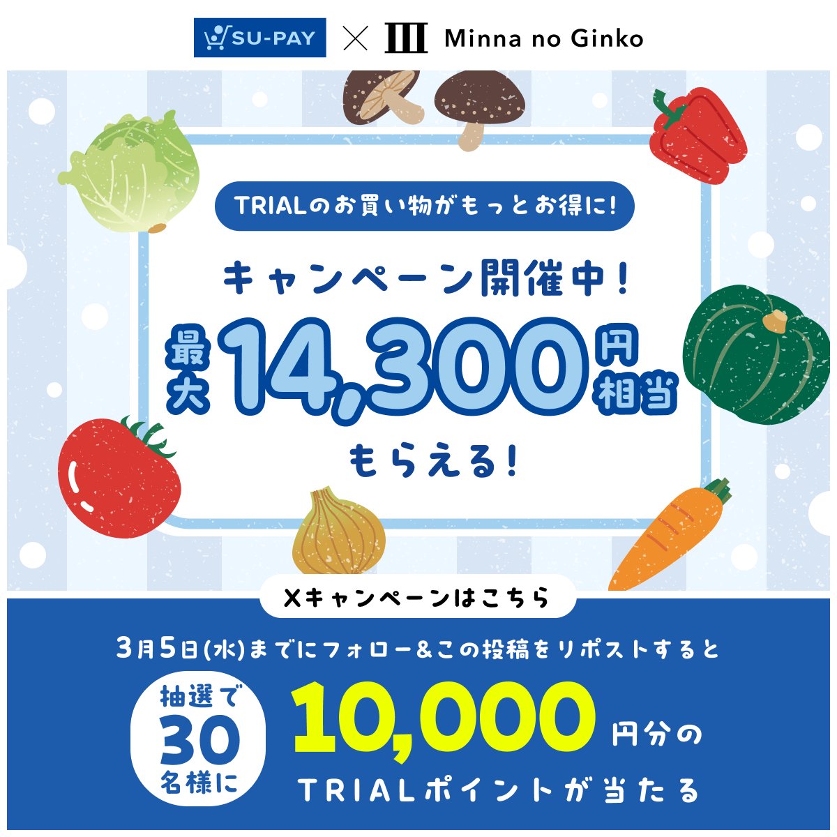 minnano_ginko's tweet photo. ／
SU-PAY×みんなの銀行
#フォローリポストキャンペーン✨
抽選でTRIALポイント1万円分を #プレゼント🎁
＼

応募方法☑
① @minnano_ginko と @TRIALCOMPANY 両方���フォロー
②この投稿をリポスト🔁

締切：2025/3/5(水)中
結果は当選者のみDM✉️

🌟最大14,300円相当もらえる！キャンペーン情報はこちら
https://t.co/ACmNw9aadg