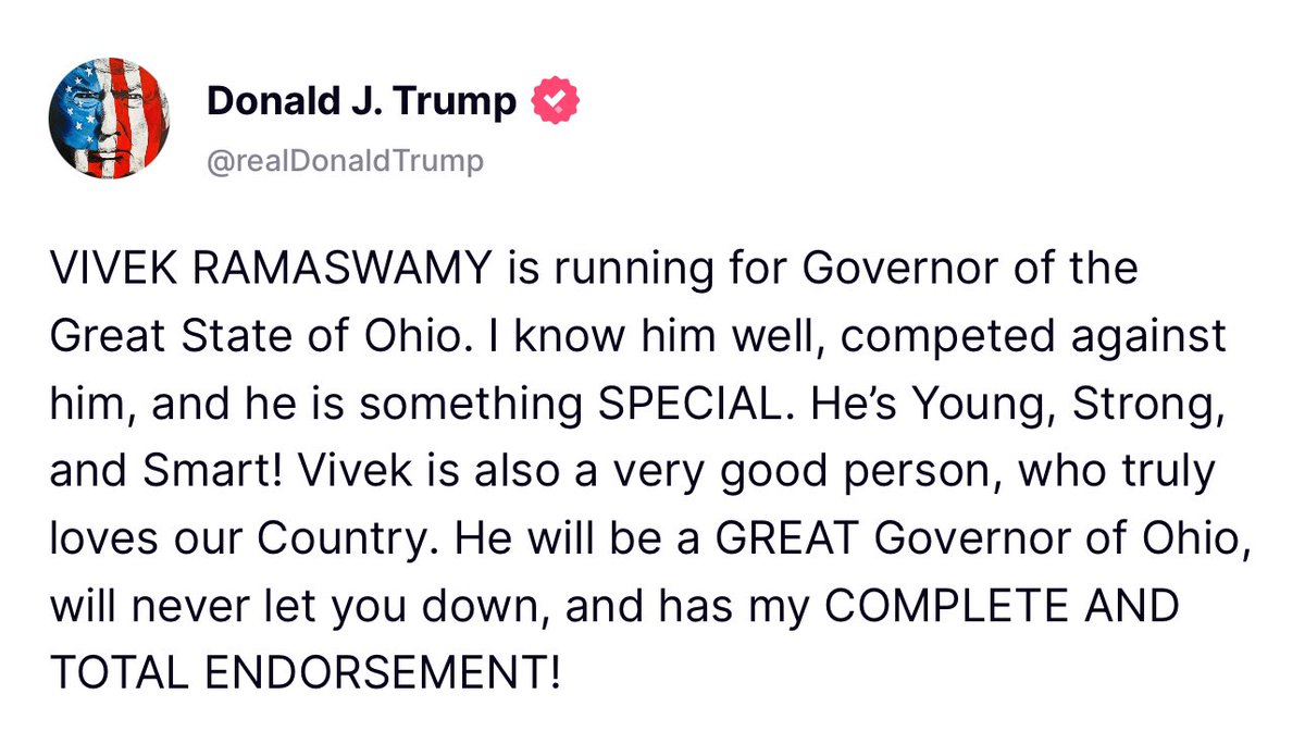 VivekGRamaswamy's tweet image. Thank you President Trump. I’m truly honored to have your endorsement. We’re behind you all the way &amp;amp; we will Make Ohio Great Again!