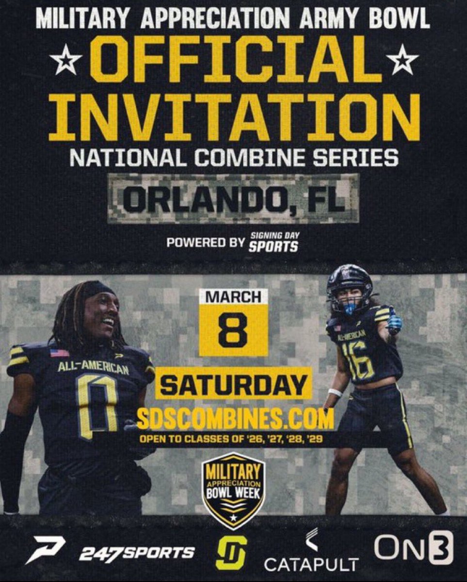 Johnathan Alvarado (@dejm_alvarado) on Twitter photo Blessed to be invited to the military appreciation army bowl #AGTG
<a href="/JJKilgore_SDS/">JJ Kilgore</a> <a href="/CoachTylerFunk/">Tyler Funk</a> <a href="/SDSports/">Signing Day Sports</a> <a href="/CoachDomitrovic/">Coach Adam Domitrovich</a> Blessed to be invited to the military appreciation army bowl #AGTG
<a href="/JJKilgore_SDS/">JJ Kilgore</a> <a href="/CoachTylerFunk/">Tyler Funk</a> <a href="/SDSports/">Signing Day Sports</a> <a href="/CoachDomitrovic/">Coach Adam Domitrovich</a>