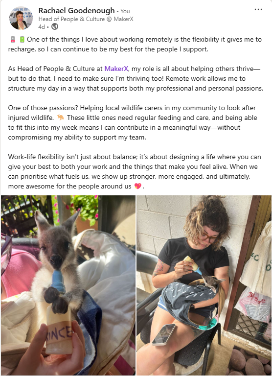 MakerXAU's tweet photo. At MakerX, we're about embracing the benefits of what working flexibly can offer! Our Head of People & Culture recently shared how this flexibility lets her recharge and excel. By working remotely, she can make an impact in her community without missing a beat in supporting our team. We believe work-life flexibility isn't just about balance; it's about designing a life where you can shine at work and do what makes you feel alive.

Flexibility isn't the only secret for empowering our Makers to build amazing things via R&D! Check out our blog to see what we've been working on and contact us if you want to talk through your unknowns!

🔗 https://t.co/ouMLIs7VWN