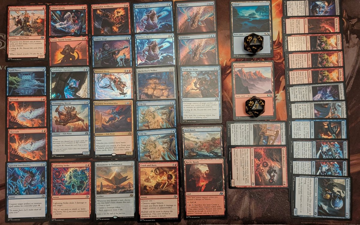 markjmtg's tweet photo. Deck pics from the PTQ! I started UR in G1s in Sealed, frequently boarding into UB splash red in grindy situations with no mill threat. The packs and color situation were difficult in the draft but I made a lane. Both decks got to do disgusting things with full engines assembled! https://t.co/DQWHPC0AsB