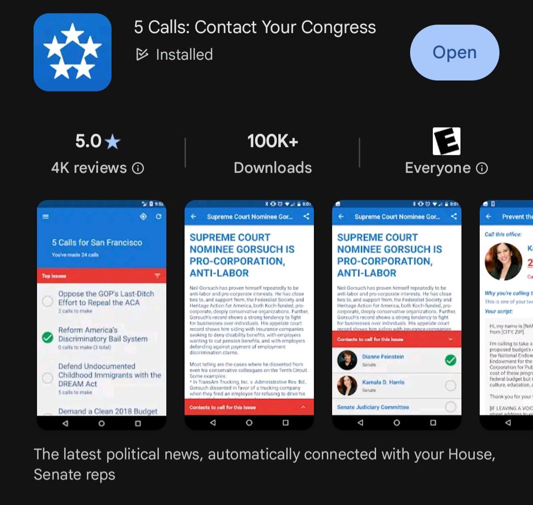 Mattie_Winter_'s tweet photo. Fellow Americans:
They say the easiest thing we can do is call our representatives, and it's true. I point you to the ✨️5 Calls✨️ app which let's you contact your representatives w/o hassle. It helps provide info, scripts, alt numbers, and dialing. For Apple and Android https://t.co/mVNorQXcqW