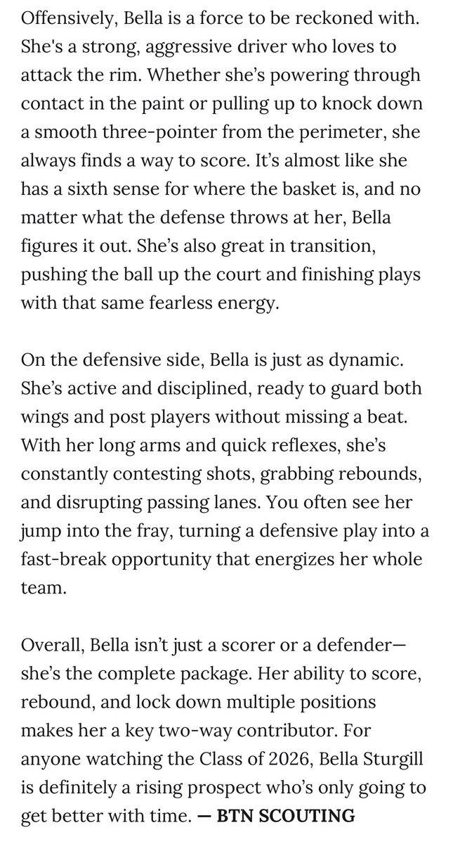 Bella Sturgill (@bellasturgill_) on Twitter photo So grateful to be mentioned! Thank you so much <a href="/BTNScouting/">BTN Scouting</a> for the recognition and the incredible write-up! Looking forward to this final AAU season! Back to work. So grateful to be mentioned! Thank you so much <a href="/BTNScouting/">BTN Scouting</a> for the recognition and the incredible write-up! Looking forward to this final AAU season! Back to work.