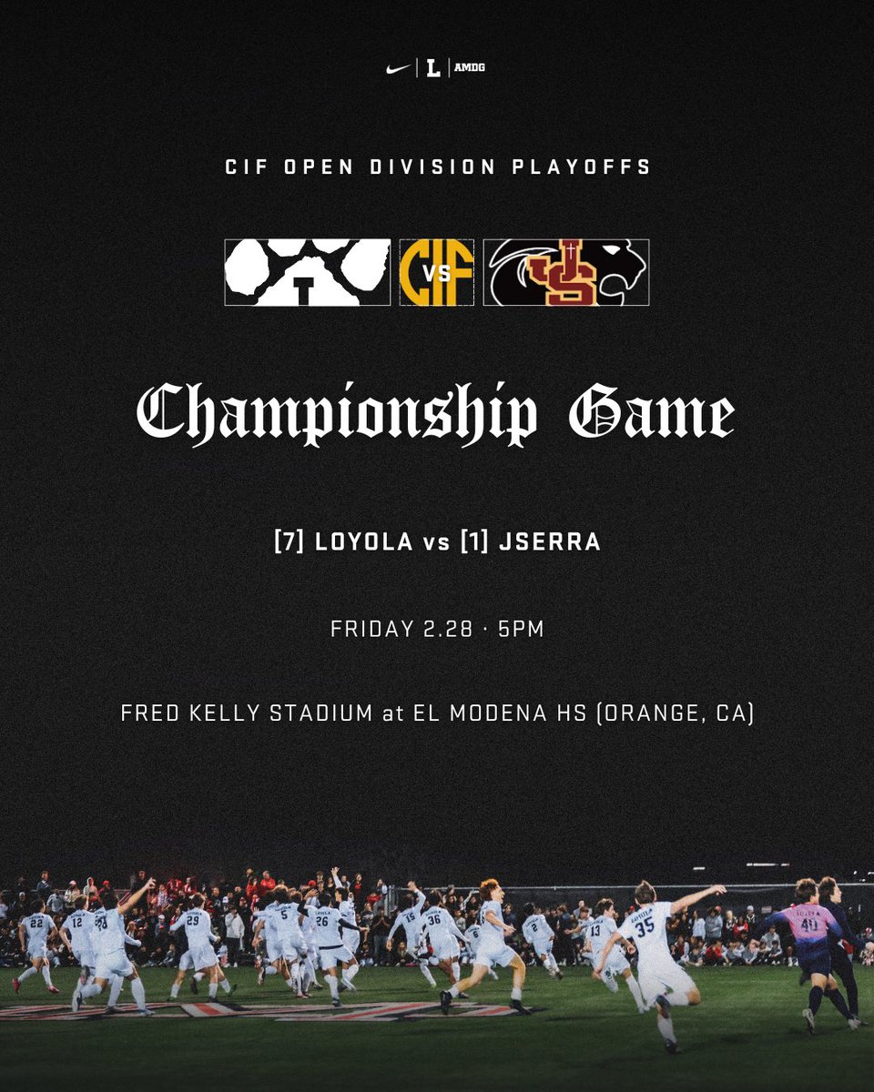 LoyolaAthletics's tweet photo. 𝐓𝐡𝐞 𝐬𝐭𝐚𝐠𝐞 𝐢𝐬 𝐬𝐞𝐭. 

No. 7 seed @LoyolaSoccer takes on No. 1 nationally-ranked JSerra in the CIF-SS Open Division Finals this Friday!

🎟️: https://t.co/RyjdOjm8eB

Make your plans now, we need you there Cub Nation. Wear blue! #LoyolaSoccer | #GoCubs https://t.co/Y66nuVSxLv