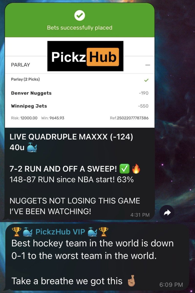 PickzHub's tweet photo. 8-2 RUN NOW BANGGGGGG AGAIN!! 🐳✅

QUADRUPLE MAXXX (-124) 40u 🐳✅
LIVE NUGGETS ✅
JETS ✅

149-87 RUN since NBA start! 63% 📈🔥

ANOTHER LEGENDARY RUN HAS BEGUN WE LITERALLY NEVER LOSE IN NBA!! 🤑

JOIN VIP CHEAP HERE! ➡️ https://t.co/h3jzsDMfEm
