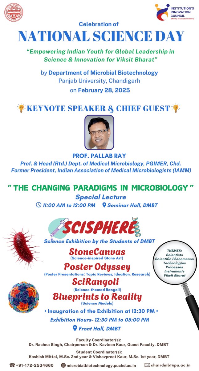 Rachna Singh (@rachnasinghlab) on Twitter photo Dept. of Microbial Biotechnology <a href="/OfficialPU/">Panjab University, Chandigarh</a> is pleased to announce the celebration of #NationalScienceDay Feb 28, 2025 with Prof. Pallab Ray as Keynote Speaker on “Changing Paradigms in Microbiology” and Chief Guest for our students’ Science Exhibition <a href="/IndiaDST/">DSTIndia</a> #ViksitBharat Dept. of Microbial Biotechnology <a href="/OfficialPU/">Panjab University, Chandigarh</a> is pleased to announce the celebration of #NationalScienceDay Feb 28, 2025 with Prof. Pallab Ray as Keynote Speaker on “Changing Paradigms in Microbiology” and Chief Guest for our students’ Science Exhibition <a href="/IndiaDST/">DSTIndia</a> #ViksitBharat
