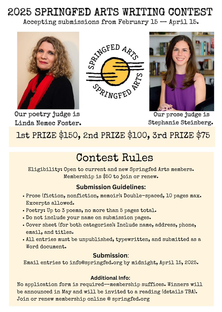 DWR founder &amp; CEO <a href="/Steph_Steinberg/">Stephanie Steinberg</a> is the prose judge for the Springfed Arts Writing Contest 2025! Writers of fiction, nonfiction, memoir and poetry can submit by April 1 for a chance to win up to $150! Learn more: springfed.org/contest.