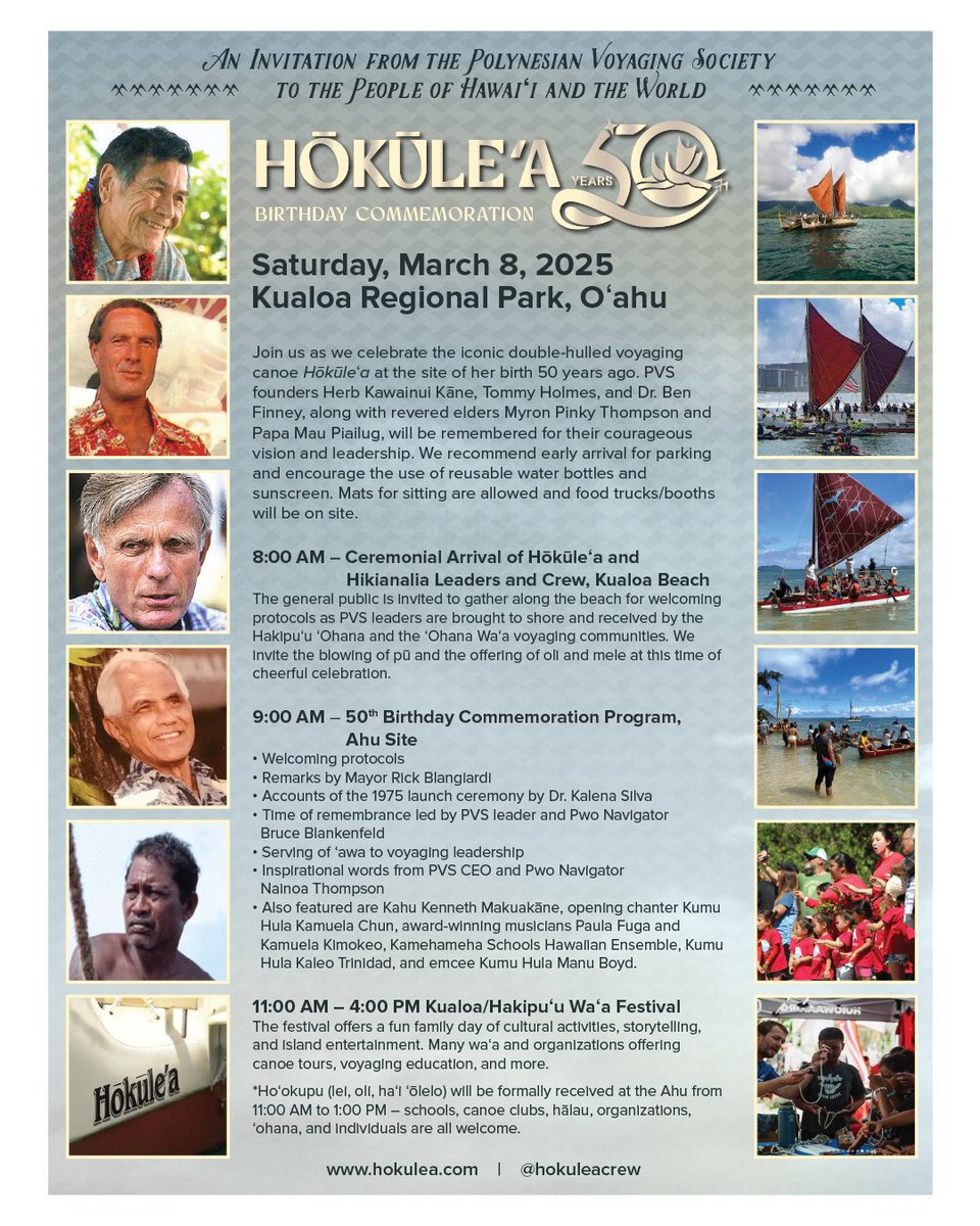 We invite all to join us on Saturday, March 8, 2025, at the 16h Hakipuʻu Waʻa Festival at Kualoa Regional Park as we honor the legacy of Hōkūleʻa at the place of her birth!