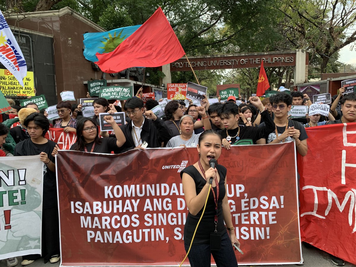 ABSCBNNews's tweet photo. LOOK: Students and community members of the Polytechnic University of the Philippines in Manila staged a walkout today, February 25 to commemorate the 39th anniversary of the EDSA People Power Revolution. #EDSA39 | via @anjo_bagaoisan
(Courtesy: John Phillip Morales) https://t.co/BNgm0I6hcH