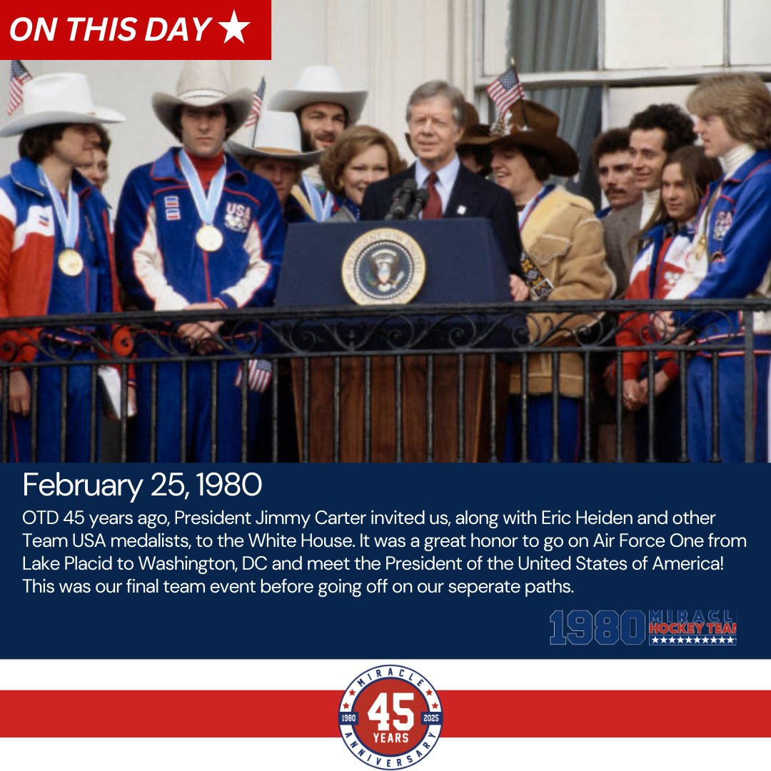 OTD 4️⃣5️⃣ years ago, We boarded Air Force One &amp; visited the White House along with several other <a href="/TeamUSA/">Team USA</a> medalists. A great honor to meet President Jimmy Carter! This was our last team event before going off on our separate ways.  🏒🏅🇺🇸

#OTD #MiracleOnIce#RoadToGold #45years