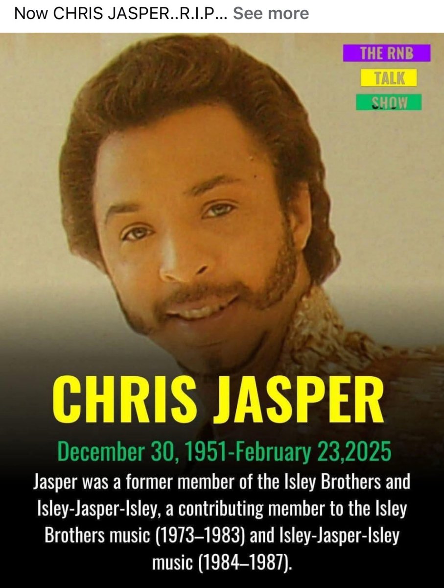 This is a great loss to the music industry and the entire world rest in peace, Chris Jasper from the Isley Brothers and Isley, Jasper ￼ Isley.