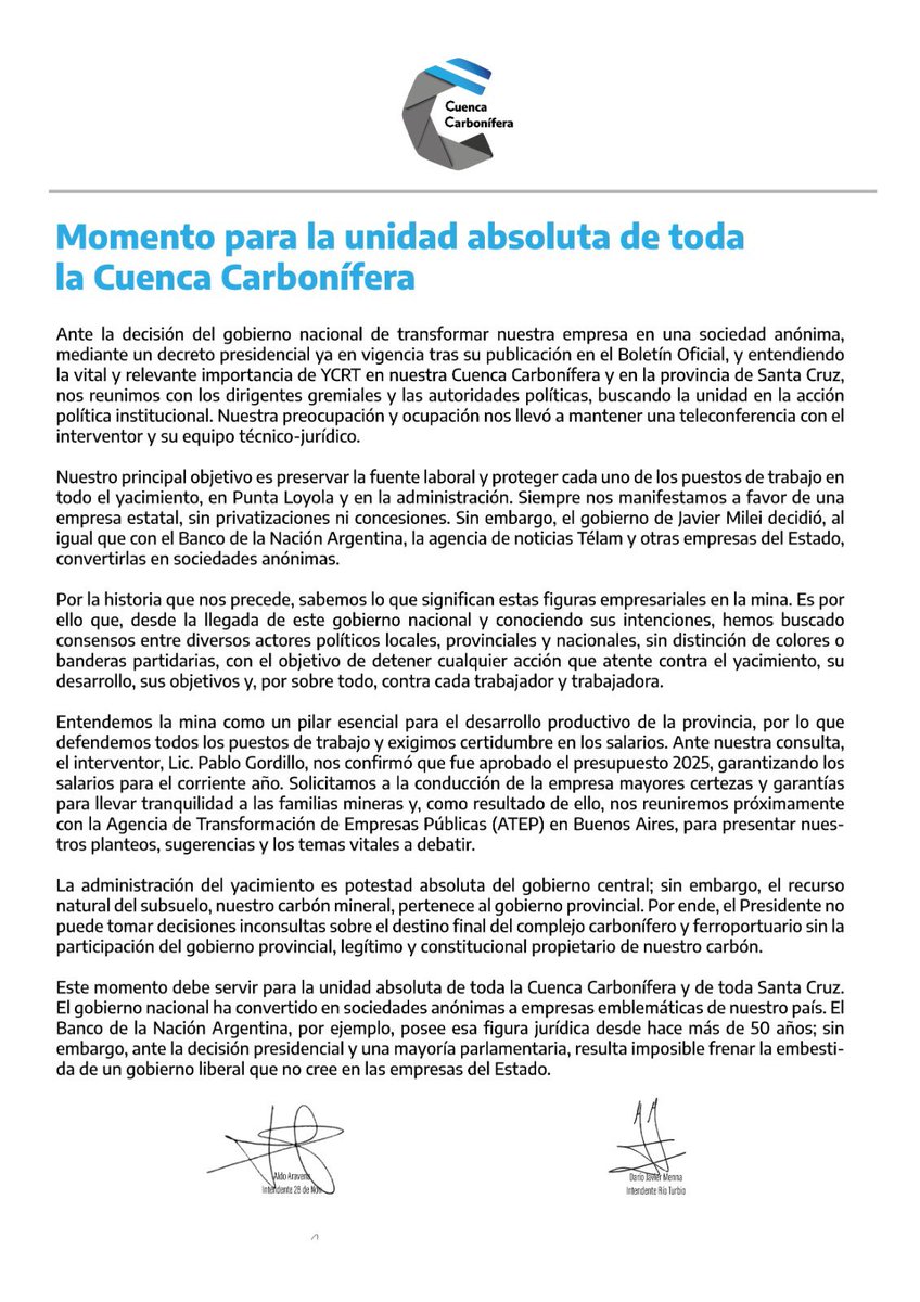 DarioMennaOk's tweet photo. #YCRT #YCRTSeDefiende “Es momento para la unidad absoluta de la Cuenca Carbonífera” https://t.co/rgUoRmQRcN