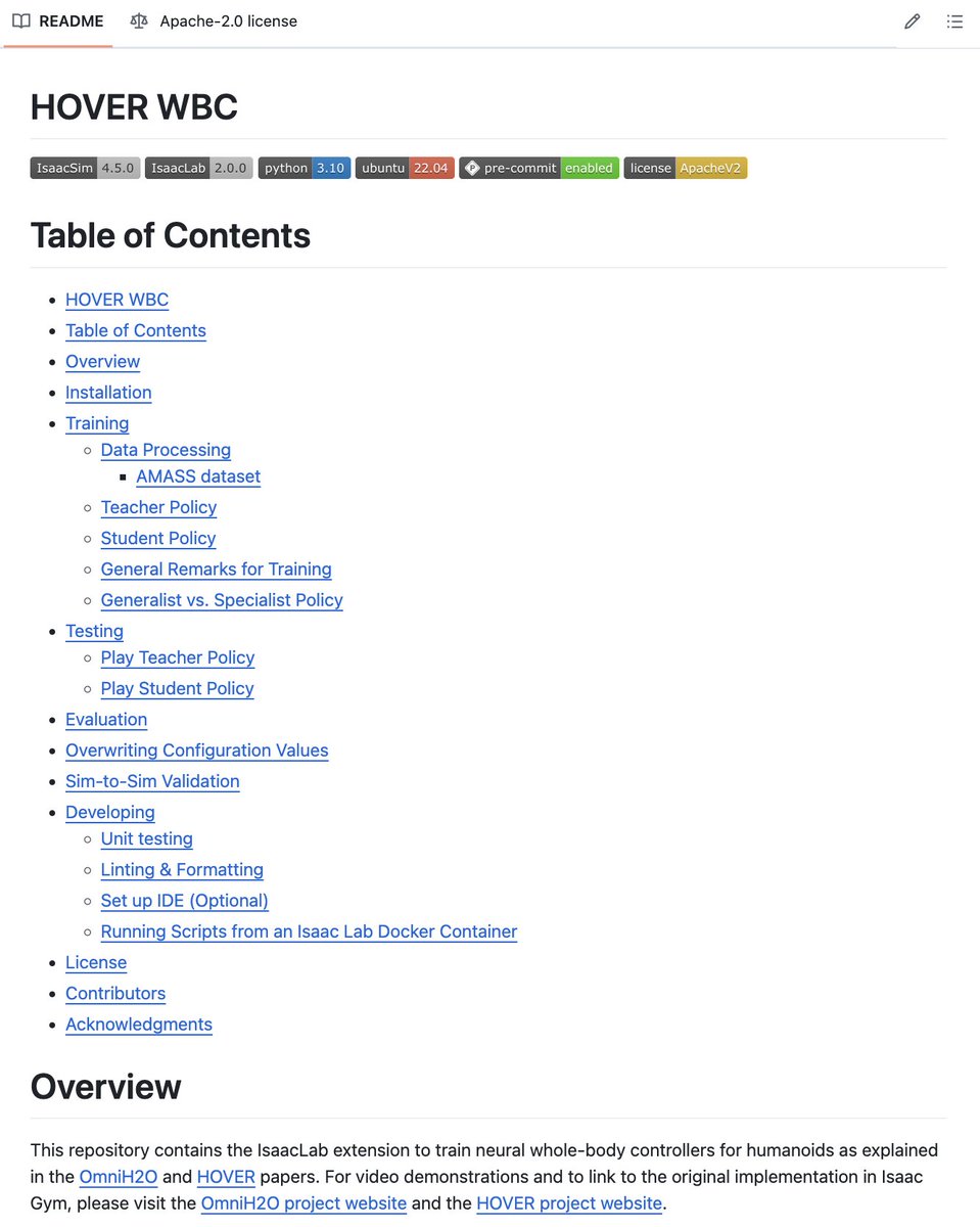 🚀The NVIDIA team has released the IsaacLab-based HOVER code to the public! Huge thanks to the team for their incredible effort in making this happen.

Now you can play around with the code and train HOVER/OmniH2O! 🤖

🛠️ Code: github.com/NVlabs/HOVER/