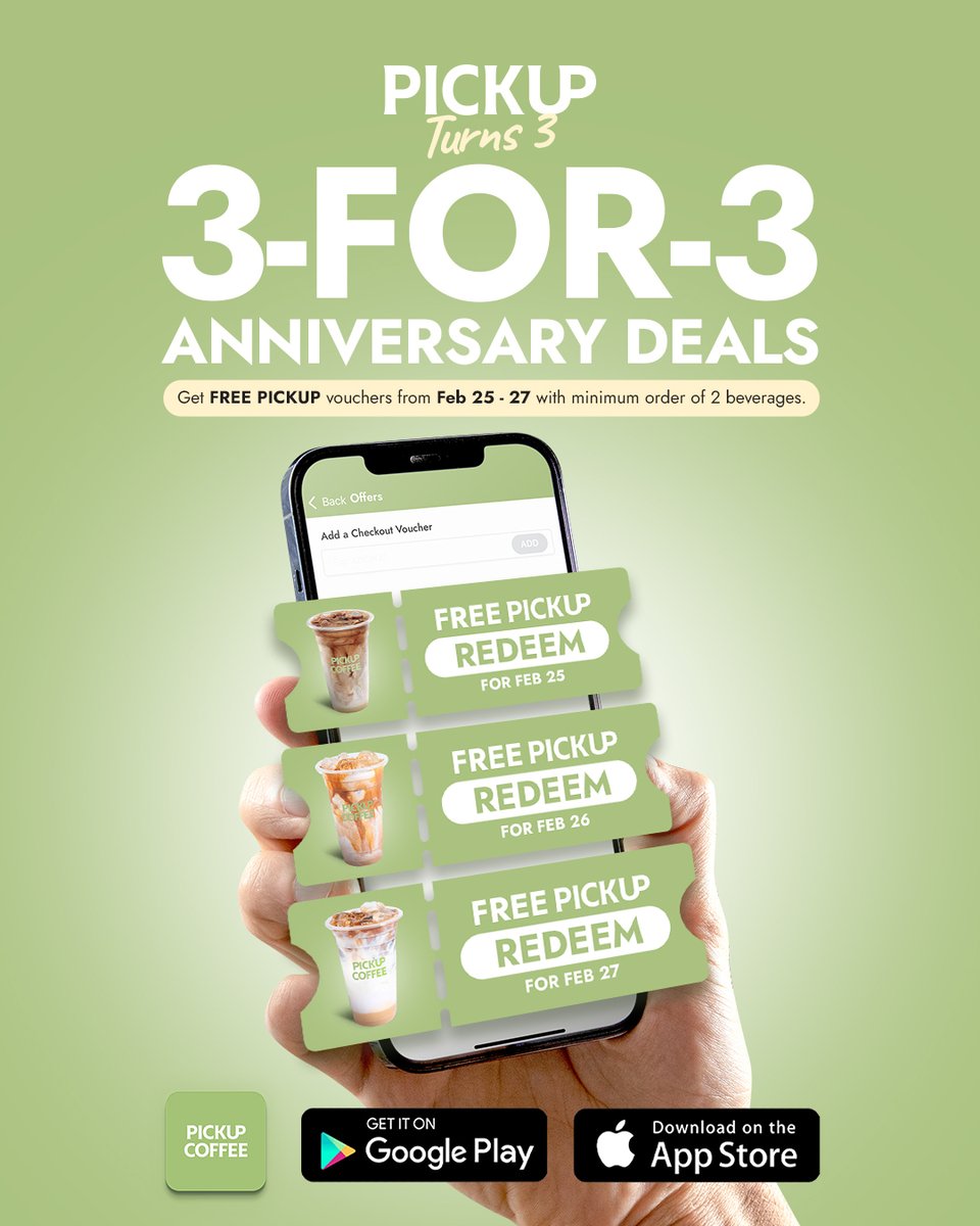 PICKUPCOFFEEPH's tweet photo. Three cheers for three years! 🥳💚 Get a FREE PICKUP with a minimum order of 2 beverages on the #PICKUPAPP 😍 ’Til February 27 only!

#PICKUPCOFFEEPH
#PICKUPCOFFEE https://t.co/L5vZoxEK3K