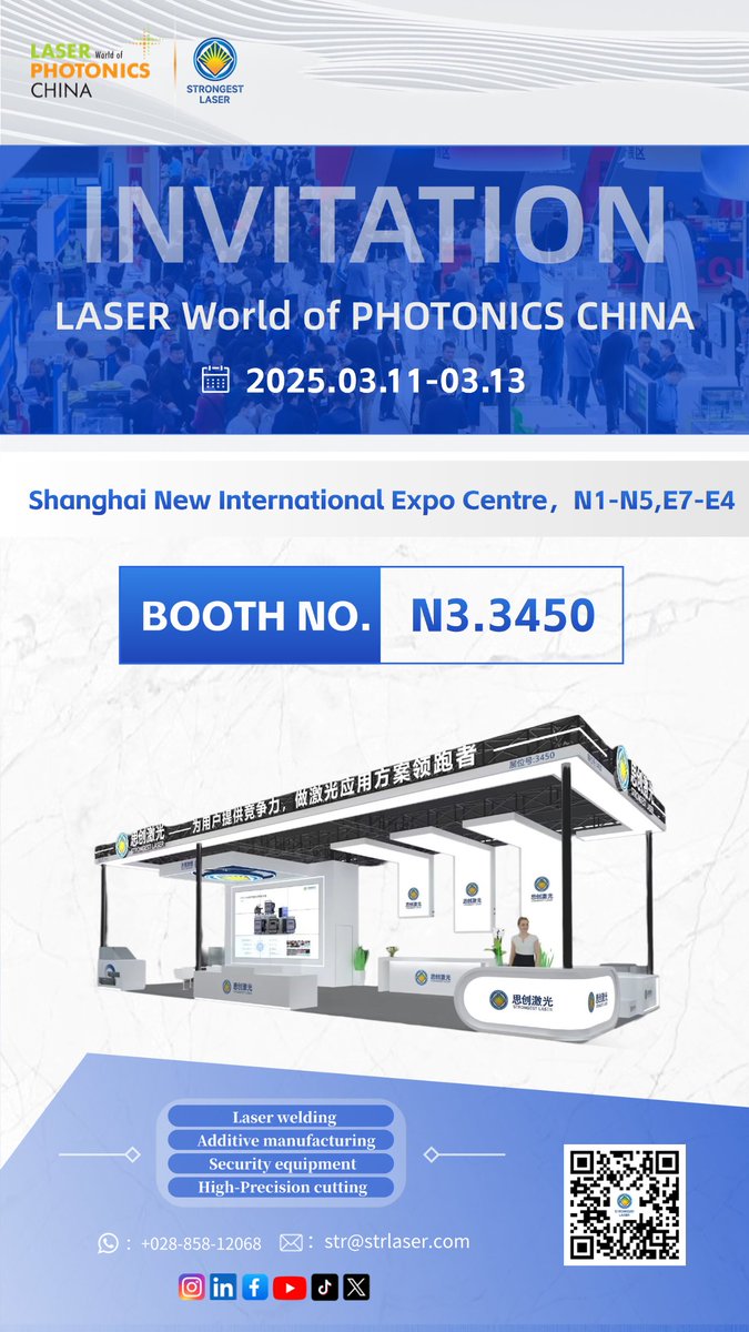 StrongestLaser's tweet photo. ✨ STRONGEST LASER is heading to LASER World of PHOTONICS CHINA 2025! ✨

📅 Event Dates: March 11-13, 2025
📍 Location: Shanghai New International Expo Centre
🔖 Booth: N3.3450 (N1-N5, E7-E4)

#STRONGESTLASER #LaserWorld #PhotonicsChina #LaserTechnology #TechExpo #Shanghai2025 https://t.co/4knAajSLND