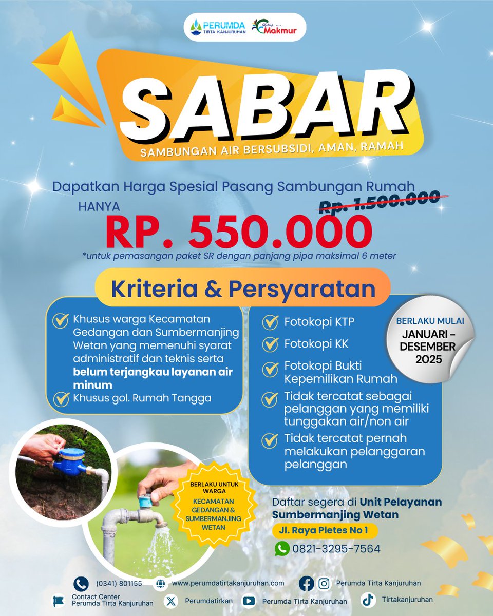 Kebutuhan air bersih kini semakin mudah dijangkau 📢

Bersama SABAR atasi krisis air bersih dan memastikan ketersediaan air yang layak untuk warga Kecamatan Gedangan dan Sumbermanjing Wetan. 

Daftar segera hanya di unit Pelayanan Sumbermanjing Wetan 
📍Jl. Plates no. 1