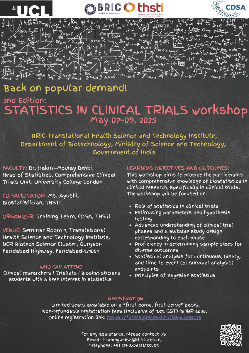 CDSA at <a href="/THSTIFaridabad/">DBT-THSTI</a> announces the 2nd Edition of “Statistics in Clinical Trials” Workshop at its campus!
📅May 07-09, 2025
Learn core concepts, sample size calculation, Bayesian methods, and more. Register:tinyurl.com/mv2k9usw
<a href="/DBTIndia/">Department of Biotechnology</a> <a href="/rajesh_gokhale/">Rajesh Gokhale</a> <a href="/drkarthik2010/">G Karthikeyan</a>