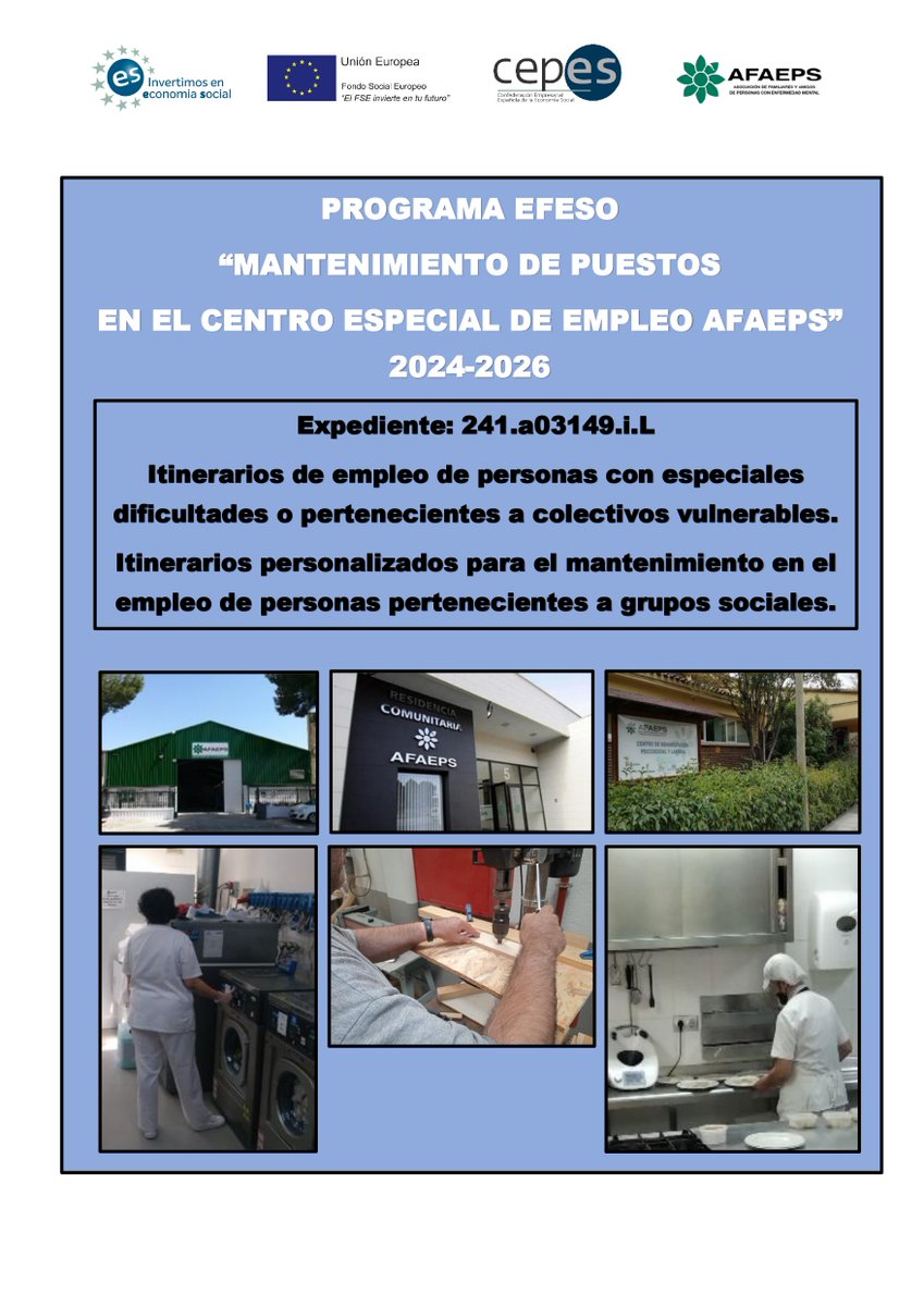 El proyecto “Mantenimiento de puestos en el CEE"se sigue desarrollando en #afaeps

📌 Consistente en la realización de Itinerarios de empleo de personas con especiales dificultades o pertenecientes a colectivos vulnerables 

Financiado por Unión Europea 

#CEPESFSE #CEPESEFESO