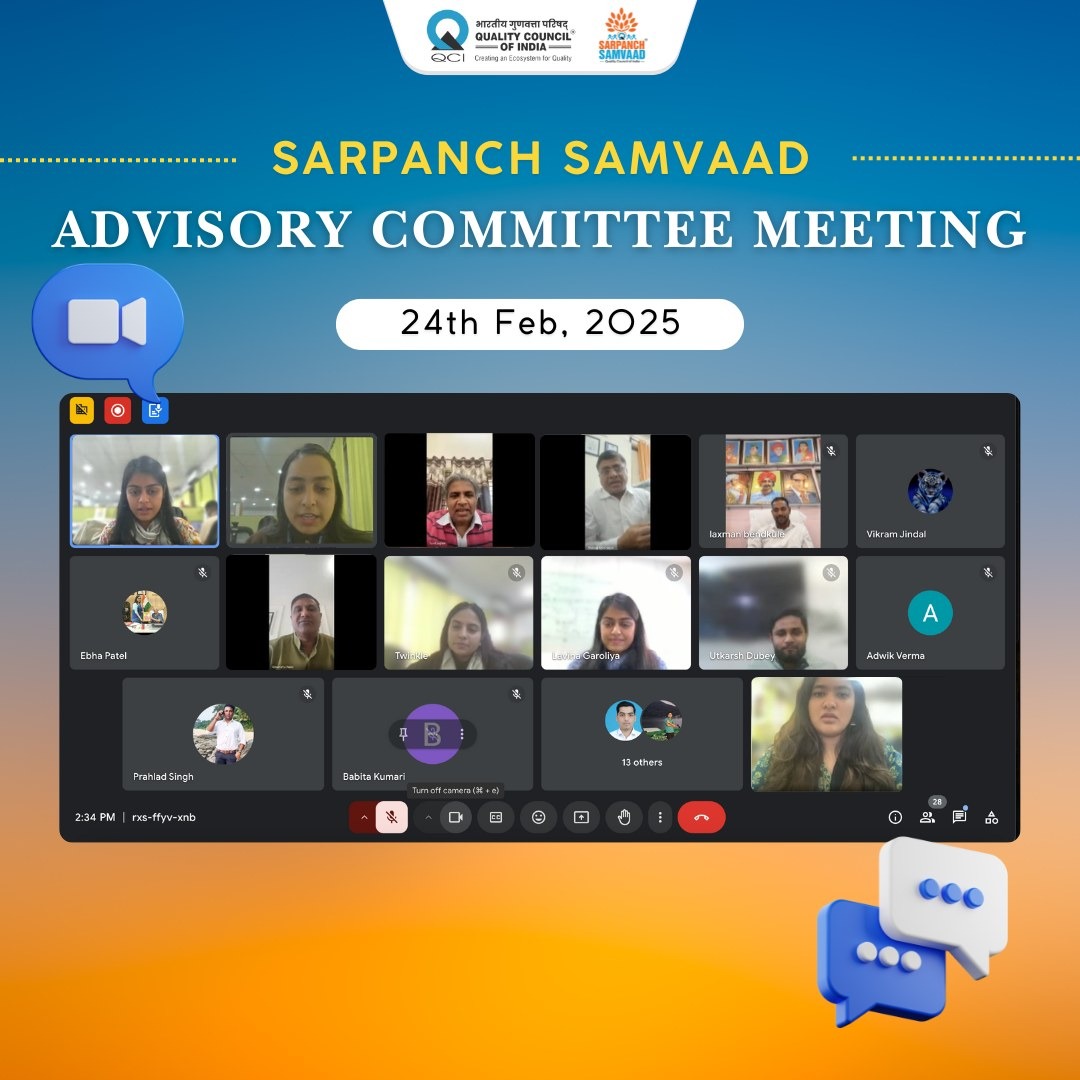 सरपंच संवाद सलाहकार समिति की चौथी बैठक के जिसमें 17 राज्यों के सदस्य और QCI के प्रतिनिधि शामिल हुए।इस पहल का हिस्सा होने के नाते, मुझे अपने क्षेत्र की समस्याओं और जरूरतों को सामने रखने का अवसर मिला। बैठक मेंसरपंचों को सशक्त बनाने, ज्ञान साझा करने और स्थानीय शासन को मजबूत करने पर