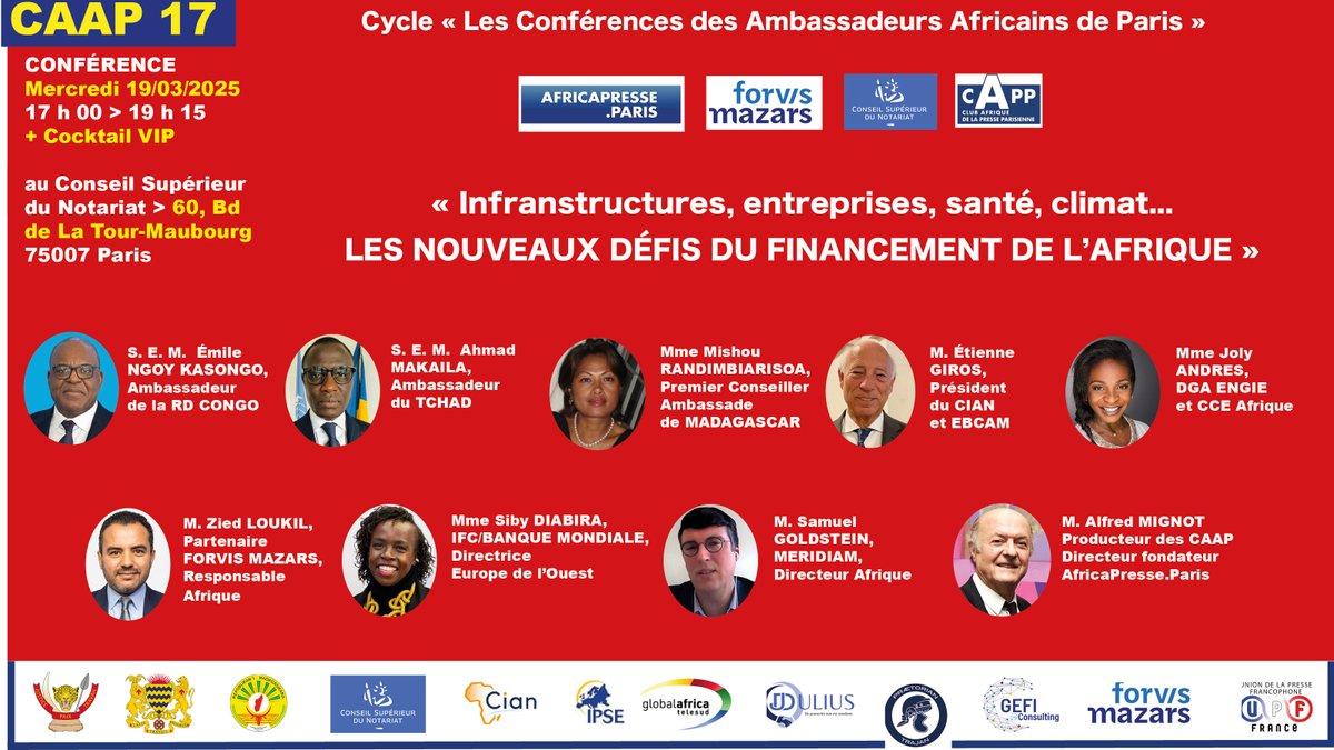 Alfred Mignot (AP.P) (@alfredmignot) on Twitter photo Agenda Paris 19/03/25 - XVIIe Conférence des Ambassadeurs Africains sur « Les nouveaux défis du financement de l’Afrique ». INSCRIPTIONS OUVERTES : africapresse.paris/2969
<a href="/EtienneGiros/">Etienne Giros</a> <a href="/DjuliusD/">Denis J. DESCHAMPS</a> <a href="/Emdupuy/">Dupuy Emmanuel</a> <a href="/RiouxRemy/">Rémy Rioux</a> <a href="/Masquart_avocat/">Pierre Masquart</a> <a href="/Sarr_PapaAmadou/">Papa Amadou Sarr</a> <a href="/matschneider/">Mathilde Schneider</a> Agenda Paris 19/03/25 - XVIIe Conférence des Ambassadeurs Africains sur « Les nouveaux défis du financement de l’Afrique ». INSCRIPTIONS OUVERTES : africapresse.paris/2969
<a href="/EtienneGiros/">Etienne Giros</a> <a href="/DjuliusD/">Denis J. DESCHAMPS</a> <a href="/Emdupuy/">Dupuy Emmanuel</a> <a href="/RiouxRemy/">Rémy Rioux</a> <a href="/Masquart_avocat/">Pierre Masquart</a> <a href="/Sarr_PapaAmadou/">Papa Amadou Sarr</a> <a href="/matschneider/">Mathilde Schneider</a>