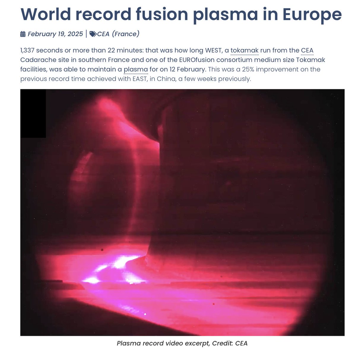 martinmbauer's tweet image. The record for the longest duration a stable plasma in a tokamak fusion reactor could be maintained has just been broken twice within a month:
6 min 30s (WEST, France, 2003)
6 min 43s (EAST, China, 2023)
17 min 46s (EAST, China, 2025)
22 min 16s (WEST, France, 2025)