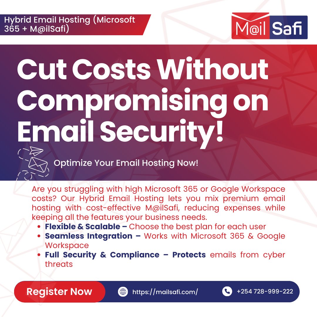 _MailSafi's tweet photo. Struggling with high Microsoft 365 or Google Workspace costs?  Switch to  Hybrid Email Hosting and enjoy the perfect balance of premium features and affordability with M@ilSafi!
✅ Flexible &amp; Scalable 
✅ Seamless Integration
✅ Full Security &amp; Compliance
JKIA https://t.co/4w2UuKzuyc
