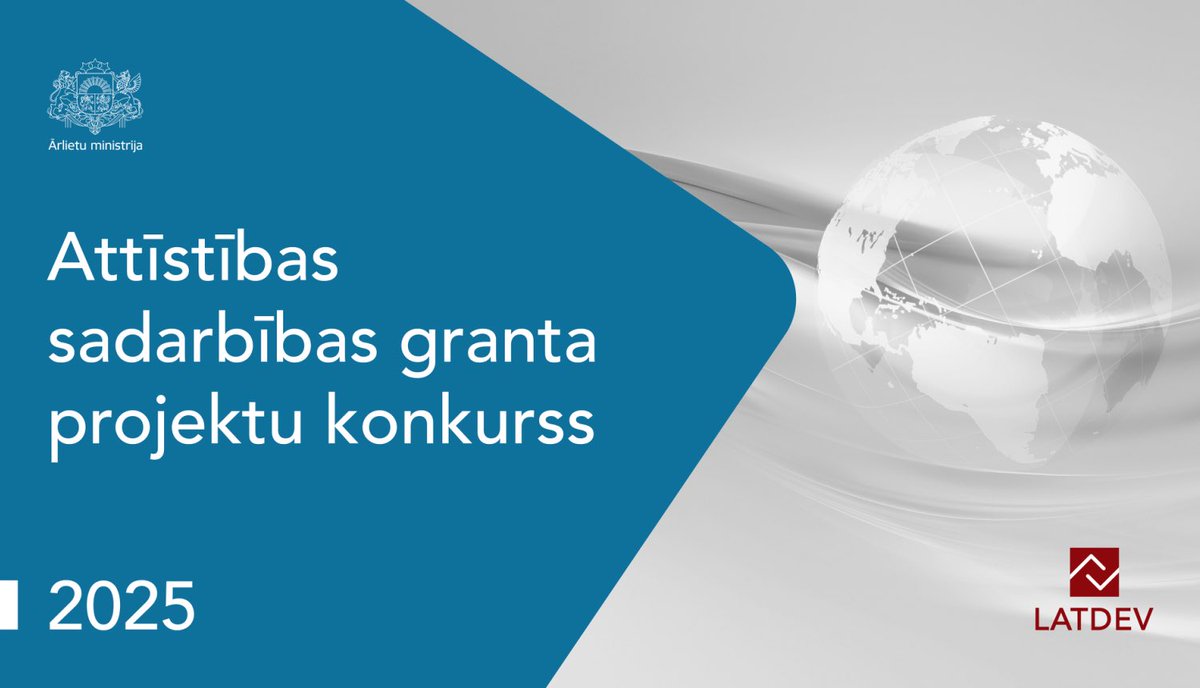 Arlietas's tweet image. .@Arlietas izsludina 2025. gada #AttīstībasSadarbības granta projektu konkursu. Prioritāte projektiem 🇺🇦🇲🇩🇦🇲 🇰🇬🇹🇯🇺🇿 un Āfrikas valstīs 🌍, kā arī atbalstam Baltkrievijas un Gruzijas pilsoniskajai sabiedrībai un neatkarīgajiem medijiem. 
➡️ mfa.gov.lv/lv/jaunums/arl…
#LATDEV 
1/2