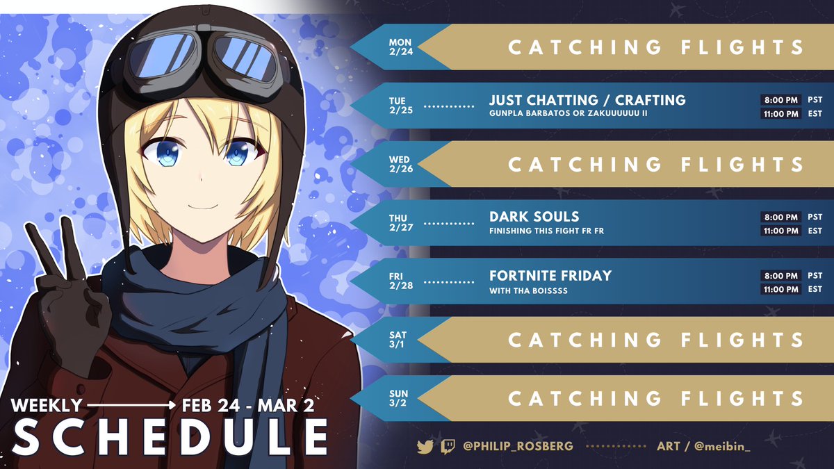 📢WEEKLY SCHEDULE📢

And not a moment too soon! Starting off with chatting about the past weekend events and (maybe) gunpla if I can find it, then finishing dark souls and some MF FORTNITE!!!

See you there 🫰😎

#Vtuber #ENVtuber