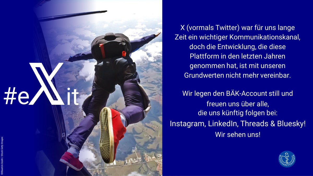 Wir steigen aus! Ab sofort nutzen wir den X-Account der Bundesärztekammer nicht mehr aktiv.

#exit #goodbyex #goodbyetwitter
