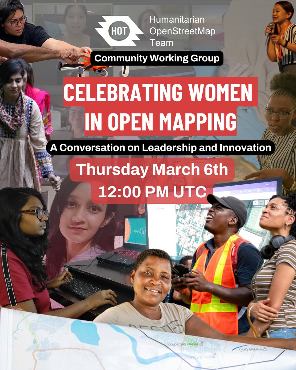 HOT-Eastern & Southern Africa Hub (@openmapping_esa) on Twitter photo Join <a href="/hotosm/">Humanitarian OpenStreetMap Team</a> Community Working Group for a special International Women’s Day 2025 webinar, highlighting the leadership and contributions of women in open mapping and humanitarian action.
Date: Thursday, 06 March 2025
Time: 12 PM UTC
Register here: bit.ly/4hb2arn Join <a href="/hotosm/">Humanitarian OpenStreetMap Team</a> Community Working Group for a special International Women’s Day 2025 webinar, highlighting the leadership and contributions of women in open mapping and humanitarian action.
Date: Thursday, 06 March 2025
Time: 12 PM UTC
Register here: bit.ly/4hb2arn