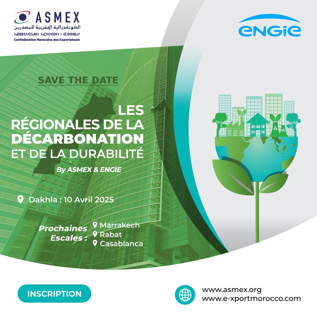 ASMEX_Maroc's tweet image. 🗣️ 𝗦𝗔𝗩𝗘 𝗧𝗛𝗘 𝗗𝗔𝗧𝗘
Séminaire « Les Régionales de la Décarbonation et de la Durabilité By #ASMEX &amp;amp; #ENGIE » le 𝟭𝟬 𝗮𝘃𝗿𝗶𝗹 𝟮𝟬𝟮𝟱 𝗮̀ 𝗗𝗮𝗸𝗵𝗹𝗮.

✍ 𝗜𝗻𝘀𝗰𝗿𝗶𝗽𝘁𝗶𝗼𝗻: bit.ly/RDD-DA

#Efficacitéénergétique #TransitionÉnergétique #ÉnergieSolaire