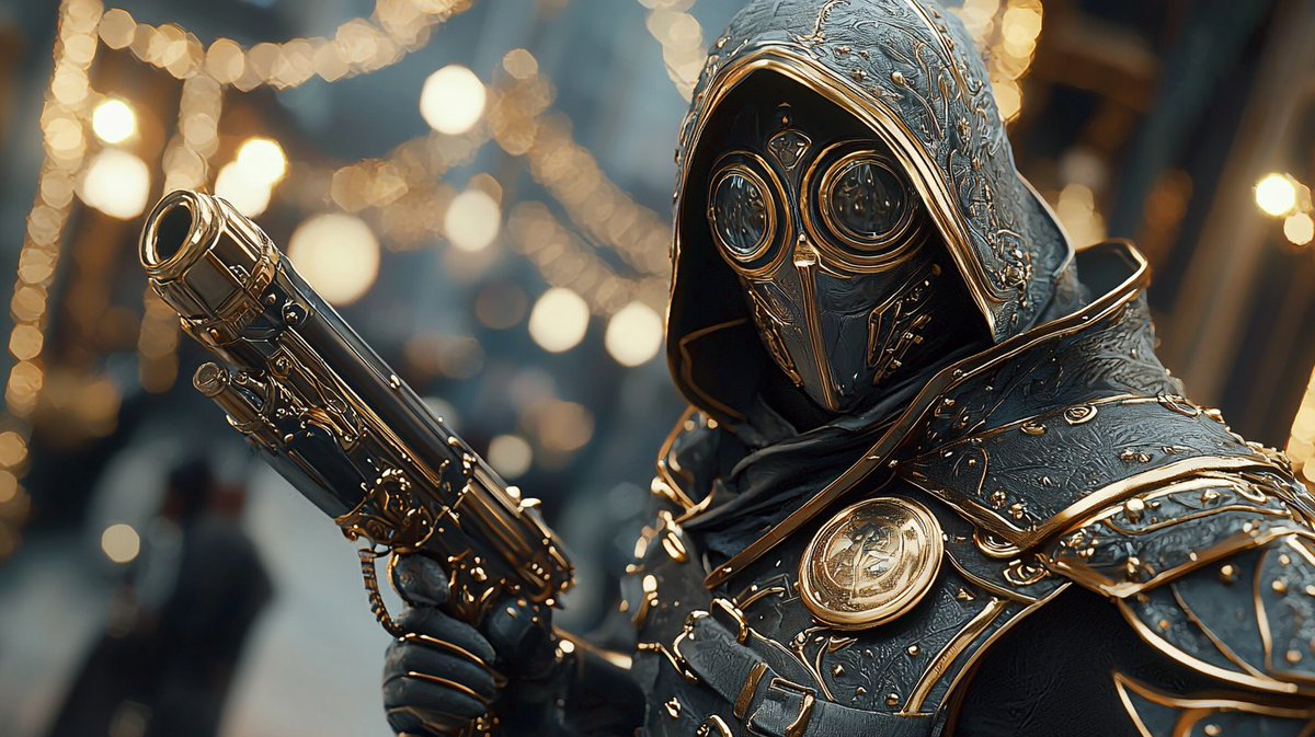 Synth_Cyborg's tweet photo. 🔫✨ The last thing they see is the golden glint of his mask.

No name. No mercy. Just the silent hum of his clockwork pistol.

🎭 The masked enforcer of a world lost to time.

#SteampunkAssassin #CyberOperative #NeoGothic #SpaceArt https://t.co/DZxldlV6cs