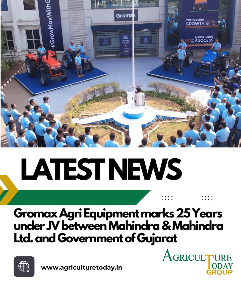 agri_today's tweet image. A joint venture between Mahindra &amp;amp; Mahindra Ltd. &amp;amp; the Govt. of Gujarat, @GromaxAgri  marks a milestone with 5 new tractor models &amp;amp; bold saffron &amp;amp; black themes! Proud to be a media partner in this journey. 🚜
#GromaxAt25 #FarmMechanization #Trakstar #AgricultureToday