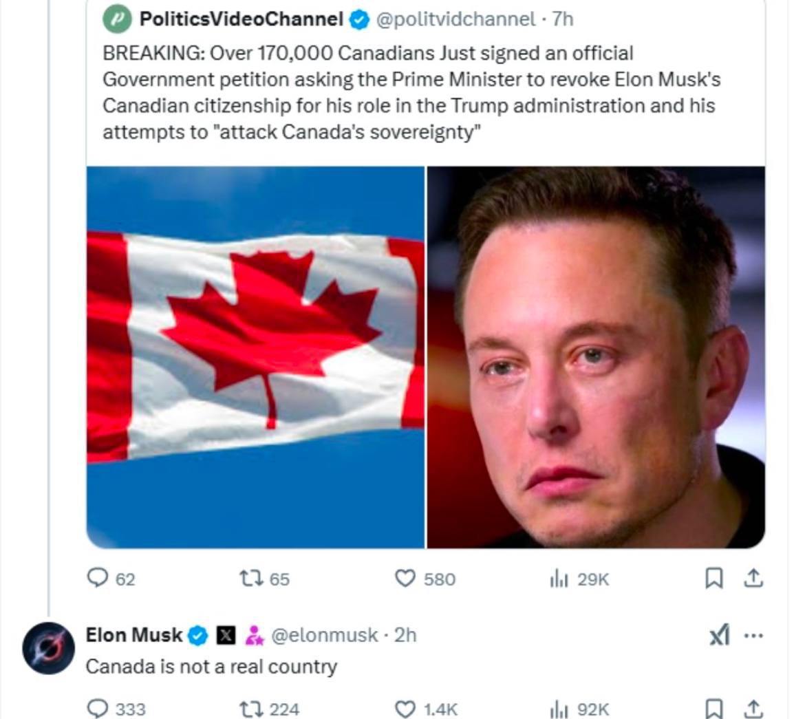 nexta_tv's tweet photo. Elon Musk called Canada "not a real country"

The billionaire was reacting to a petition demanding that he be stripped of his Canadian citizenship, which by now has been signed by about 230,000 people.