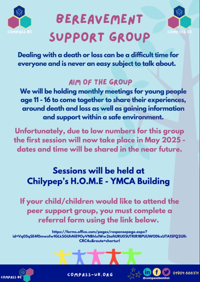 OA Shafton (@outwoodshafton) on Twitter photo Unfortunately, <a href="/CompassBeMHST/">Compass Be, Barnsley Mental Health Support Team</a> have put a hold on the group aimed at young people aged 11 to 16 years who have experienced grief & plan to start in May 2025 at H.O.M.E YMCA building Town Centre.
Parents/carers must complete an online registration form: tinyurl.com/ynb45u3s Unfortunately, <a href="/CompassBeMHST/">Compass Be, Barnsley Mental Health Support Team</a> have put a hold on the group aimed at young people aged 11 to 16 years who have experienced grief & plan to start in May 2025 at H.O.M.E YMCA building Town Centre.
Parents/carers must complete an online registration form: tinyurl.com/ynb45u3s