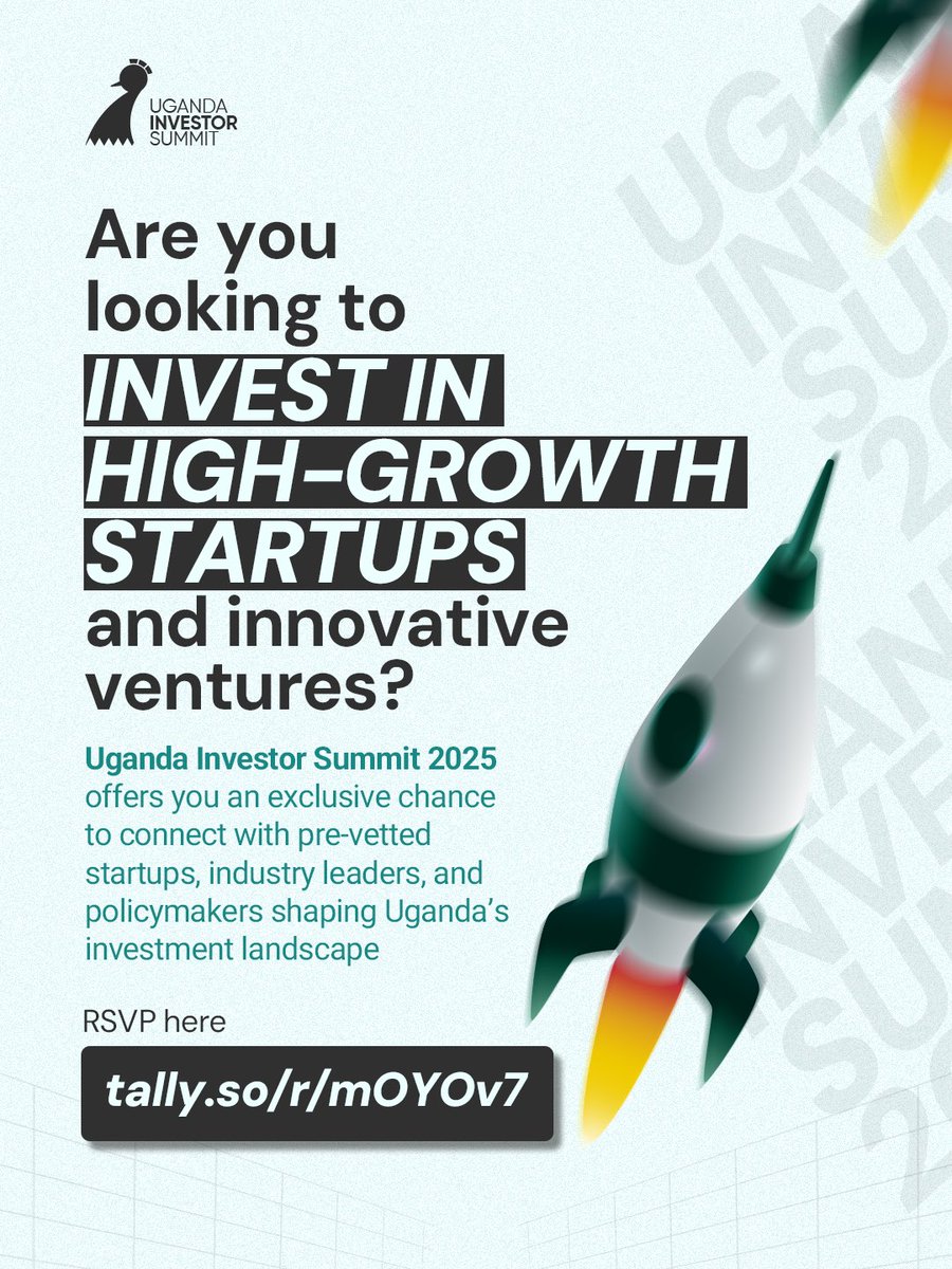 🚀 Uganda Investor Summit 2025 is here!

Investors, don’t miss this chance to explore high-potential startups &amp; engage with policymakers &amp; industry leaders at National Science Week 2025 in Kampala!

📅 April 4-6, 2025
🔗 RSVP now: tally.so/r/mOYOv7

#UgandaInvestorSummit