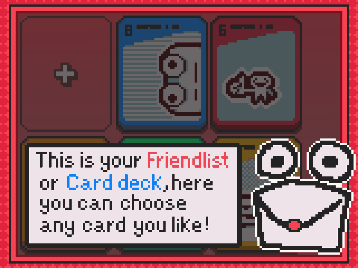 Pil4s_'s tweet image. Friendly Rivals✉️
Engage in wacky battles with cards created from the pfp's and usernames of people on your friend list !
The more people you add, the more cards you get !
--------------------------------------------------
This was my submission for #notagamejam 2025
#pixelart
