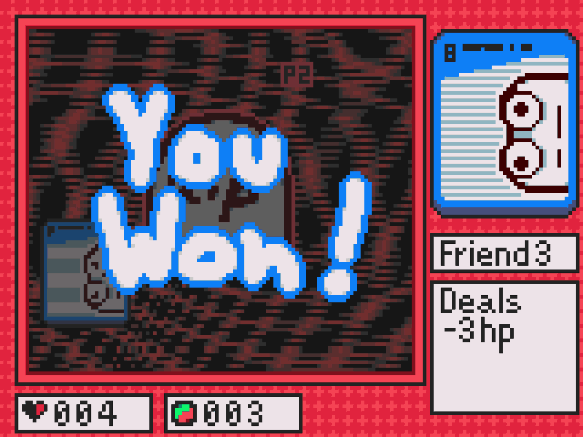 Pil4s_'s tweet image. Friendly Rivals✉️
Engage in wacky battles with cards created from the pfp's and usernames of people on your friend list !
The more people you add, the more cards you get !
--------------------------------------------------
This was my submission for #notagamejam 2025
#pixelart