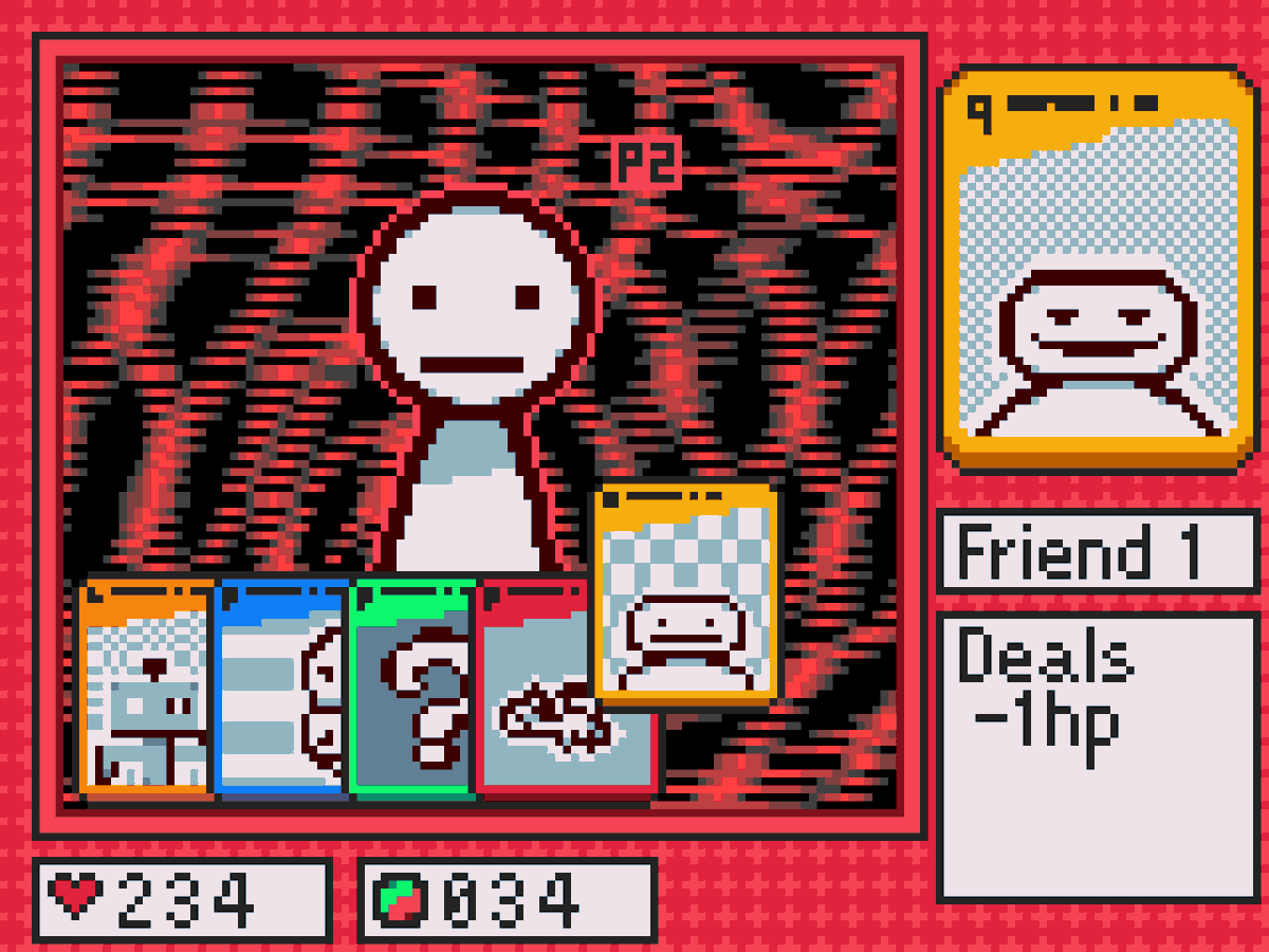 Pil4s_'s tweet image. Friendly Rivals✉️
Engage in wacky battles with cards created from the pfp's and usernames of people on your friend list !
The more people you add, the more cards you get !
--------------------------------------------------
This was my submission for #notagamejam 2025
#pixelart