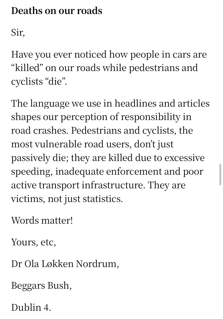 My letter in the <a href="/IrishTimes/">The Irish Times</a> this morning. 

The media must do a much better job when it comes to reporting on road deaths.