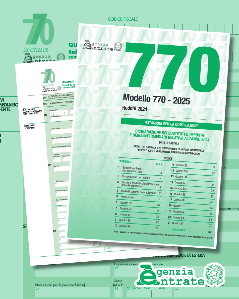 Agenzia_Entrate's tweet photo. #Dichiarazioni 2025: approvato il #modello770, utilizzato da sostituti dโimposta e intermediari. Disponibili anche le istruzioni e le specifiche tecniche per la trasmissione telematica. ๐ https://t.co/H3m36vsXap https://t.co/uu7NtEgrTe