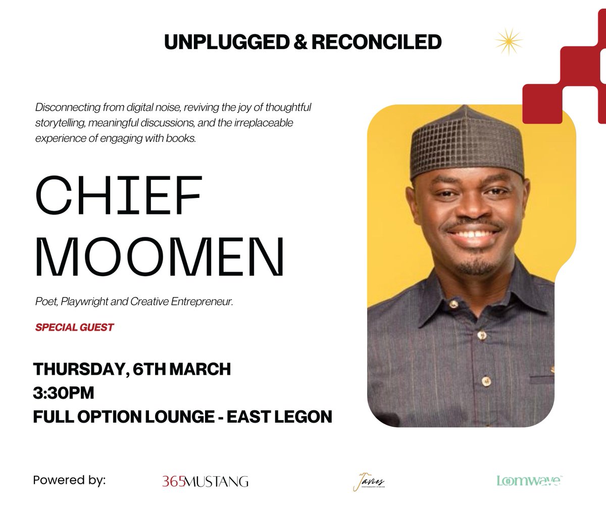 365mustang's tweet photo. We are honoured to have the affable @ChiefMoomen join us for Unplugged &amp; Reconciled📚🍹

A world renowned creative, Chief is responsible for @TheMansaWorld, harnessing the arts to heal, inspire and transform people and nations.

Join the conversation, be there March 6! https://t.co/9vlYYln4Ah
