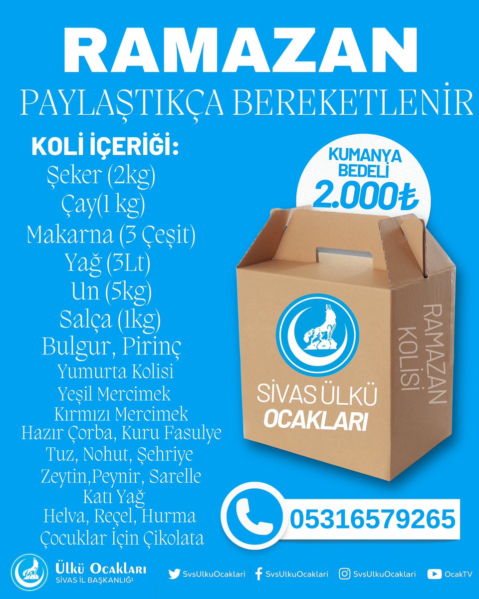 bahadrgkmn's tweet photo. Bu Ramazan ayında da ihtiyaç sahibi her kapıya bir kumanya bırakmak için yardım faaliyetimizi başlatıyoruz. Haydi sizde bu Ramazan ayında ihtiyaç sahibi kardeşlerimizin sofralarını bereketlendirin.

Detaylı bilgi ve destek için;
05316579265 https://t.co/LBmSFVAlnT