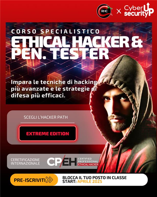 redhotcyber's tweet photo. 🔥 Diventa un professionista della Cybersecurity con il CORSO ETHICAL HACKER EXTREME EDITION! 🔥
#redhotcyber #rhc #webinar #EthicalHackerExtremeEdition #Cybersecurity #formazioneprofessionale #infocert #sicurezzainformatica #ethicalhacker #hacking #cyberrange #hackmeup https://t.co/RcFAnG8ImL