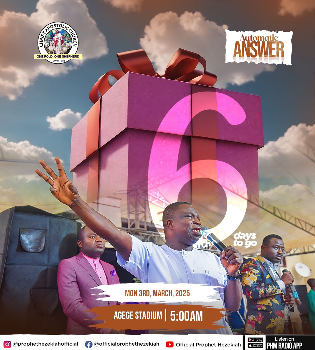 phm_live's tweet image. 🔥 Day 6 – Every Closed Door Opens!

📍 Agege Stadium, Lagos

📖 Revelation 3:7 – “What He opens no one can shut, and what He shuts no one can open.”

🚪 6 days to go! Walk into open doors of favor!

📢 #AutomaticAnswer