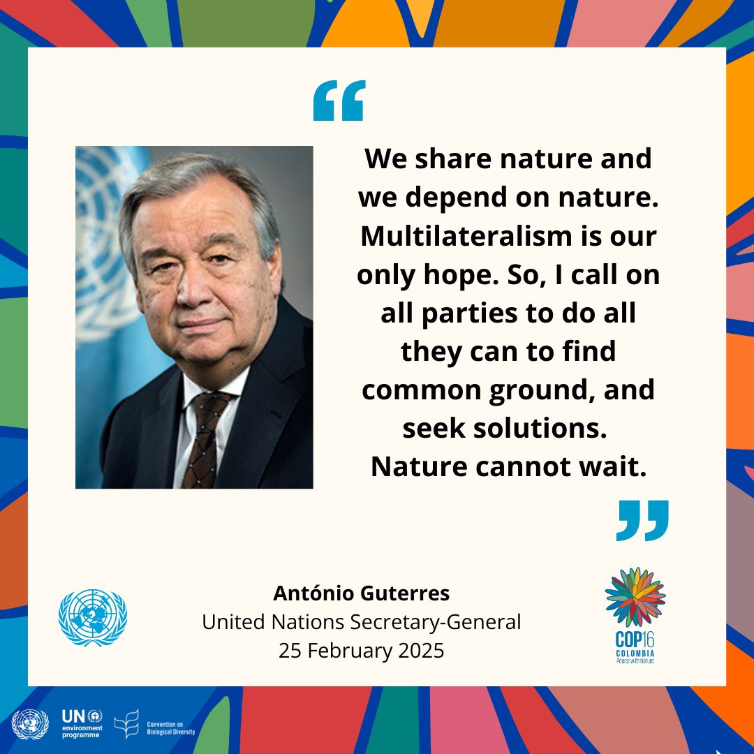 UN Biodiversity (@unbiodiversity) on Twitter photo "Multilateralism is our only hope." – <a href="/antonioguterres/">António Guterres</a>
At #COP16Resumed, Parties must find common ground—nature cannot wait. Let's turn commitments into action and achieve #PeaceWithNature.
📺 Watch: webtv.un.org/en/asset/k14/k…
#COP16Colombia "Multilateralism is our only hope." – <a href="/antonioguterres/">António Guterres</a>
At #COP16Resumed, Parties must find common ground—nature cannot wait. Let's turn commitments into action and achieve #PeaceWithNature.
📺 Watch: webtv.un.org/en/asset/k14/k…
#COP16Colombia