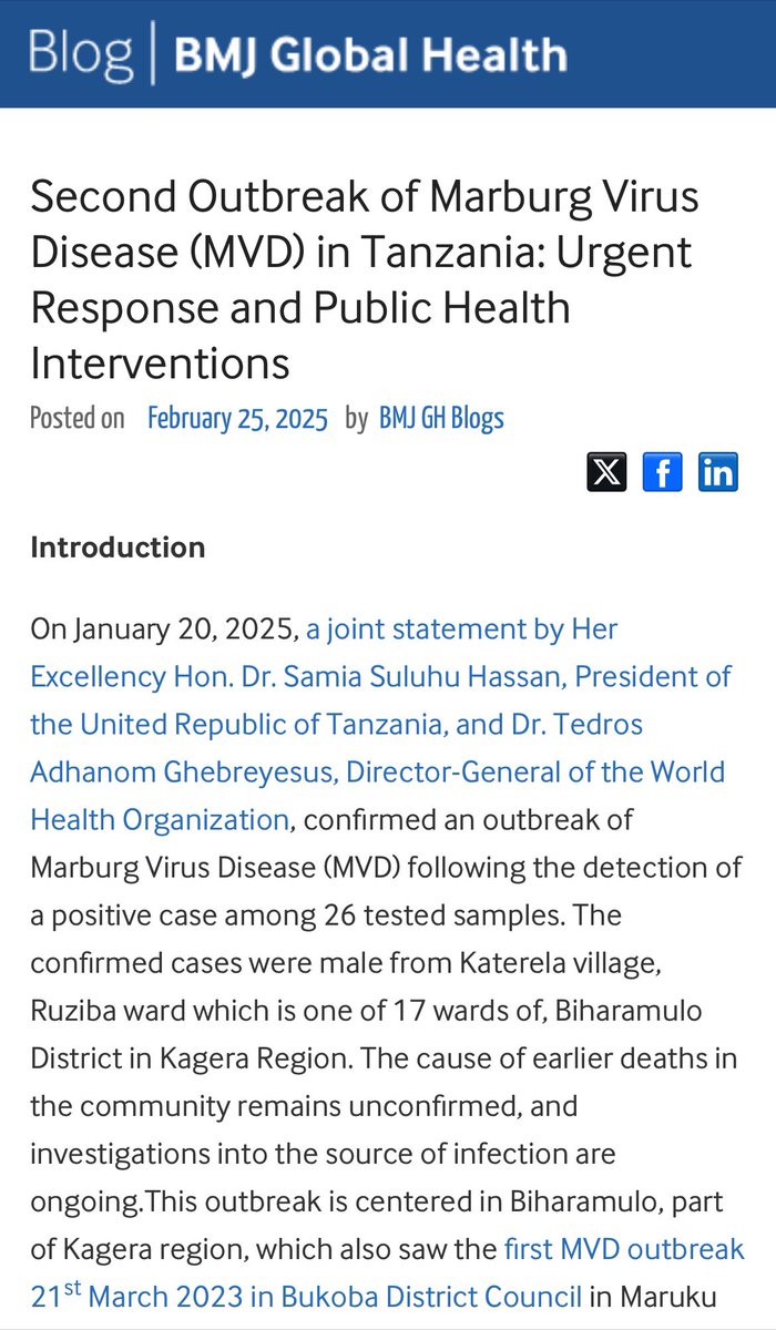 Second Outbreak of Marburg Virus Disease (MVD) in Tanzania: Urgent Response and Public Health Interventions

Ntuli A. Kapologwe

blogs.bmj.com/bmjgh/2025/02/…