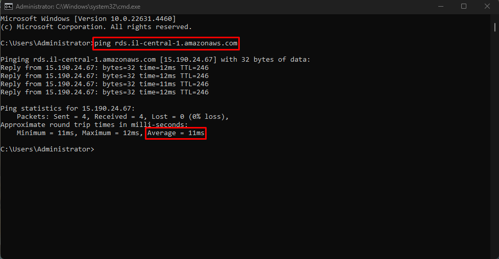 🚀Test your ping to AWS's Palestine (Tel Aviv) region with this CMD command.

ping rds.il-central-1.amazonaws.com